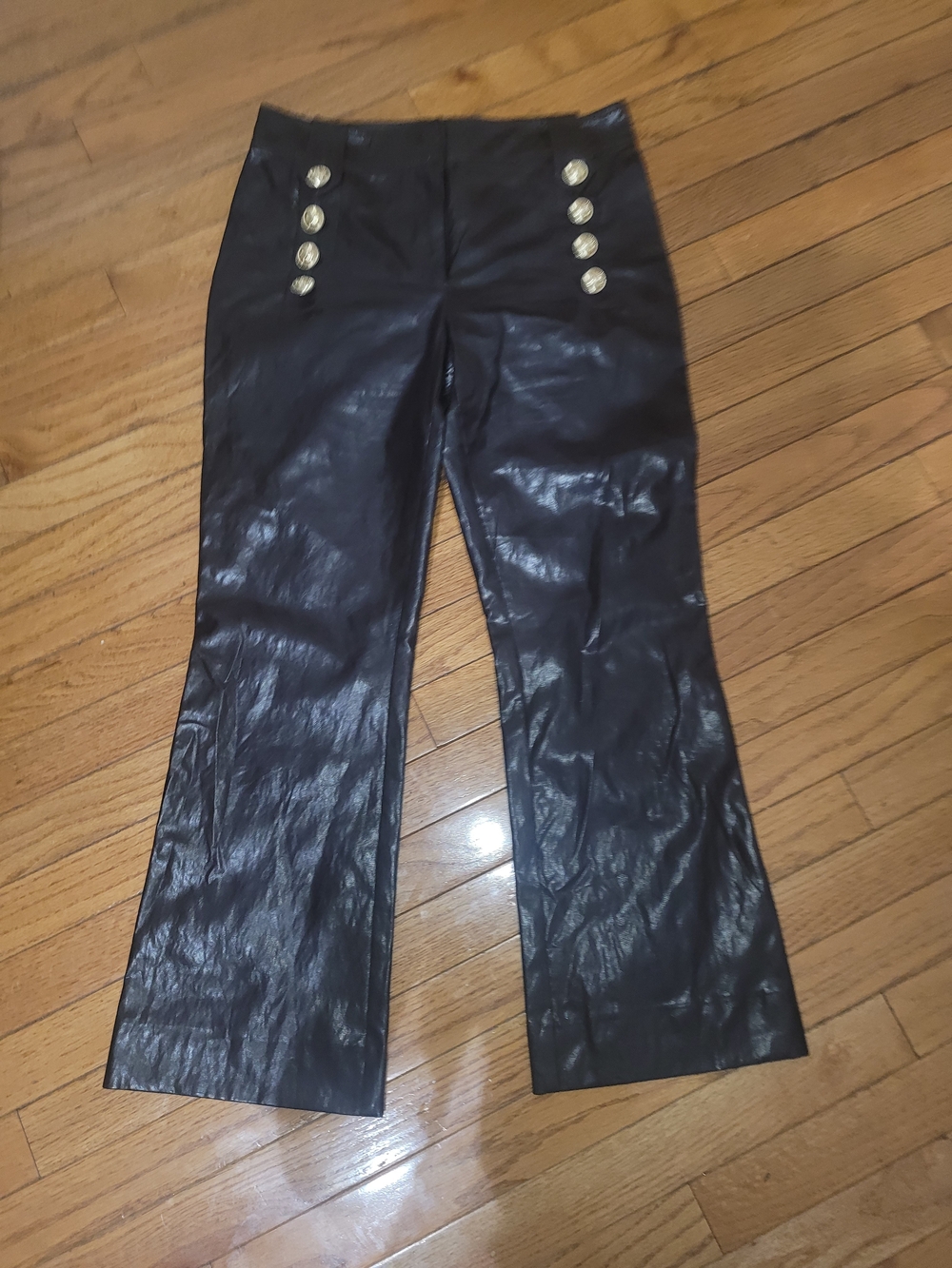 Derek Lam lack Faux Leather Sailor-Style Pants with Gold Buttons